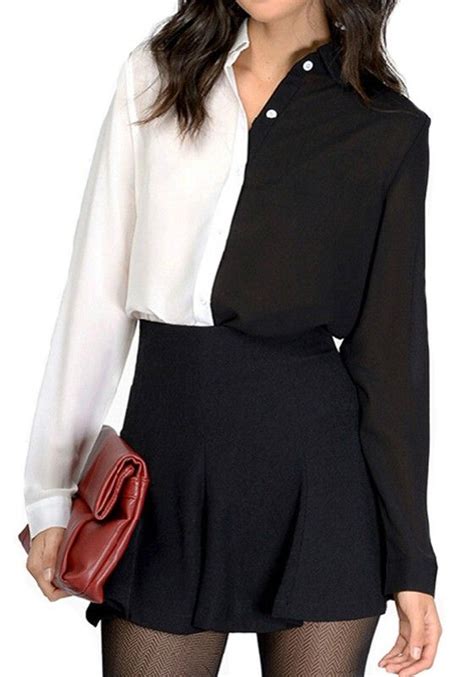 black white patchwork single breasted turndown collar long sleeve blouse white chiffon blouse