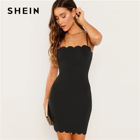 Buy Shein Black Form Fitting Scalloped Cami Dress