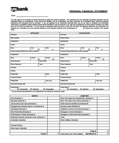 blank personal financial statement template  templates