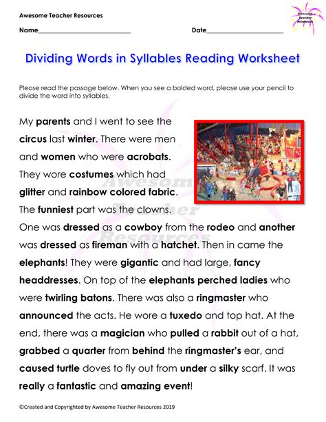 dividing words  syllables reading worksheet reading worksheets