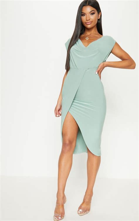 sage green double layer slinky cowl neck wrap midi dress