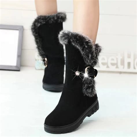 warm fur mid calf women boots fashion plush winter shoes female buckle waterproof black martin