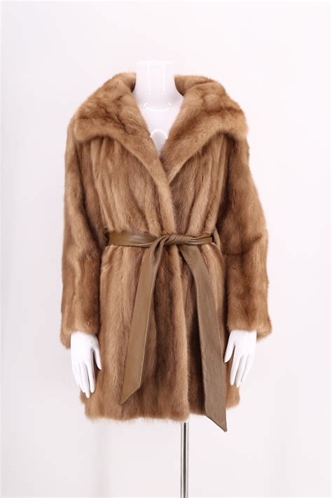 glossy fawn mink belted coat vintage  hip length fur coat  leather sash