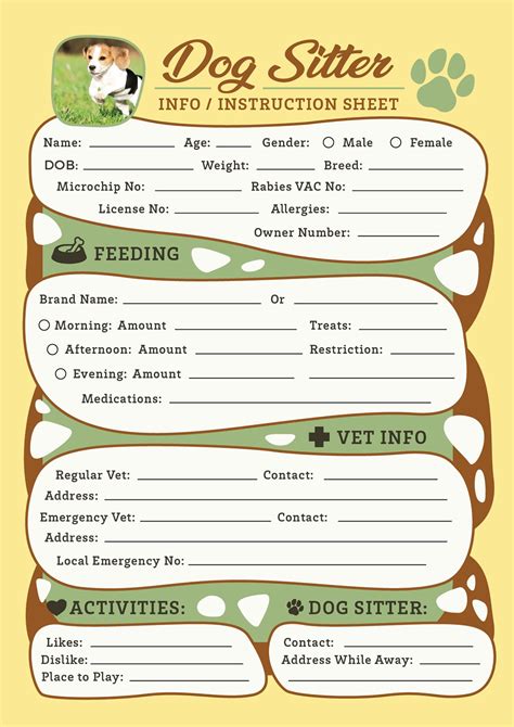 dog sitter instruction information sheet design template