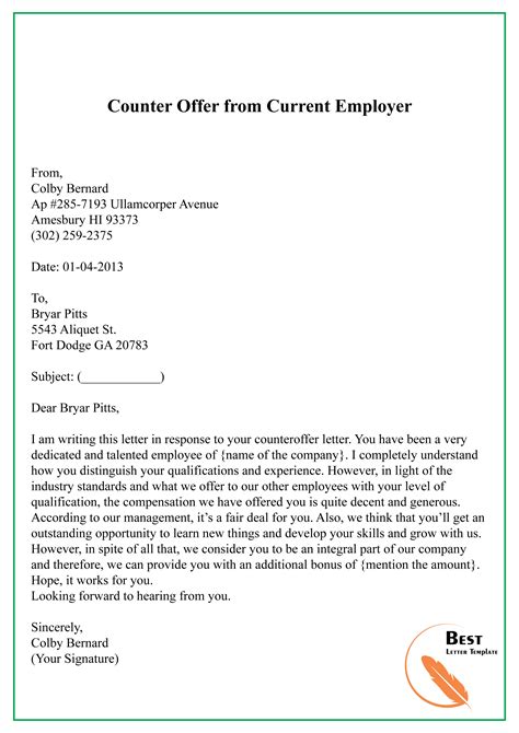 counter offer  current employer   letter template