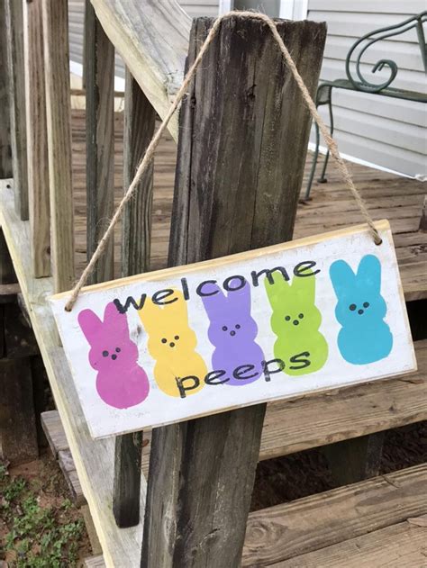 Welcome Peeps Wood Sign Peeps Sign Easter Sign Easter Door Etsy