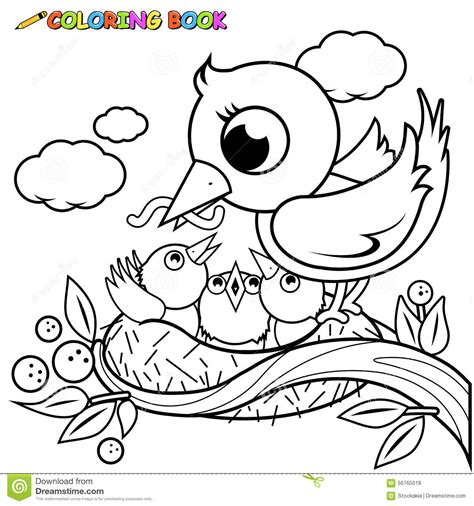 cute birds   nest coloring book page stock vector illustration