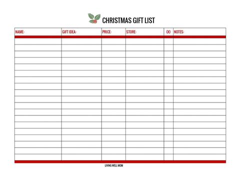 christmas gift list printable   versions