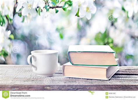 Pile Of Books Glasses And Cup Outdoors Spring Or