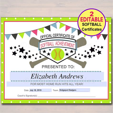 editable softball certificates instant  softball