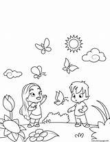 Coloring Pages Boy Girl Spring Butterflies Admiring Printable Print sketch template