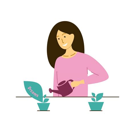 Girl Watering Flowers And Dreams Vector Concept Illustrartion