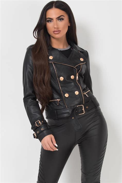 womens black faux leather jacket  gold buttons balmain inspired styledupcouk