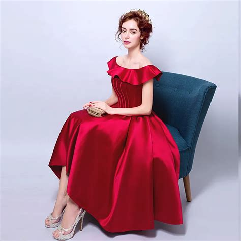 elegant   shoulder dark red vintage prom dress knee length satin