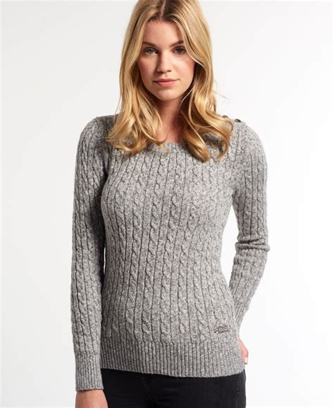 womens croyde twist cable crew neck jumper in charcoal marl nep