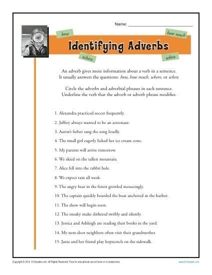 identifying adverbs  printable adverb worksheets