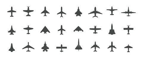 set  jet plane top view icons black silhouette airplanes jets airliners  retro planes