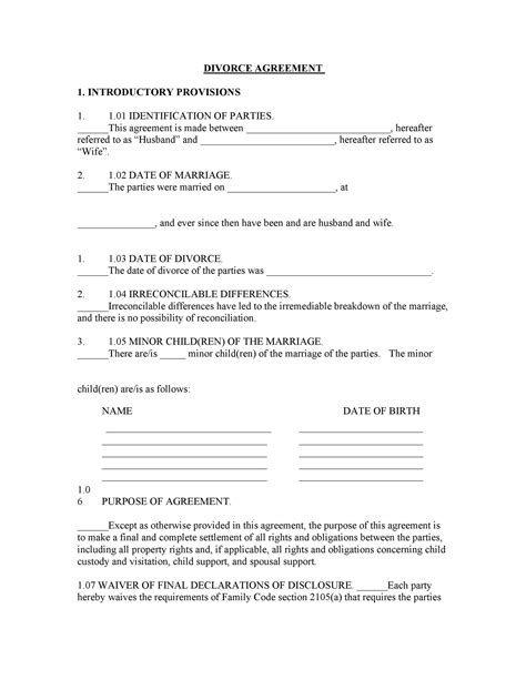 printable divorce agreement templates word