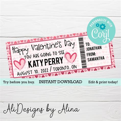 printable ticket  valentines day editable template instant access valentines day
