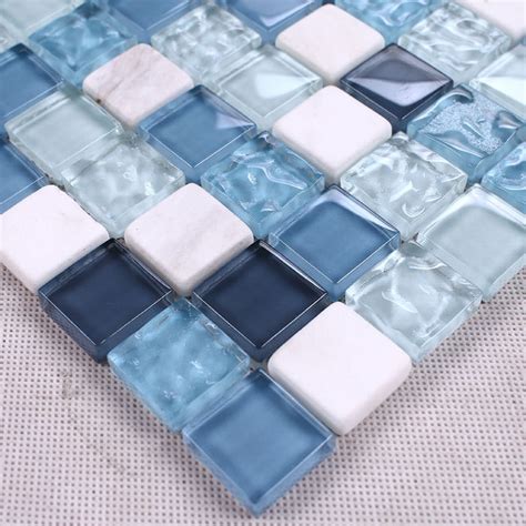 Blue Crystal Mosaic Glass Mixed Stone Tiles For Bathroom