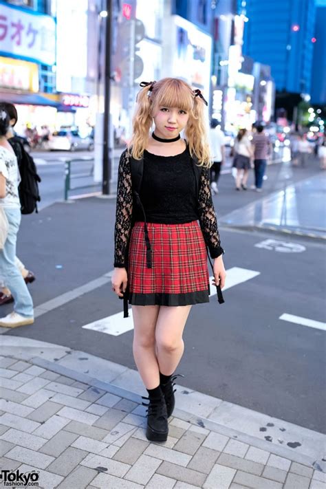 blonde twintails black lace plaid skirt and tokyo bopper in harajuku