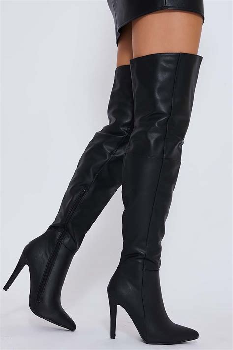 black faux leather over the knee heeled boots in the style