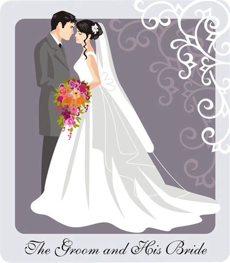 wedding couple illustration and clip art with scroll etsy