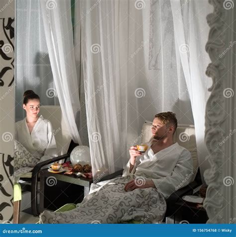 photo  loving couple relaxing  spa center stock photo image