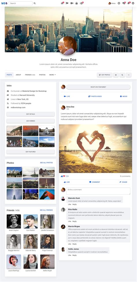 facebook profile page template bootstrap 5 and material design 2 0