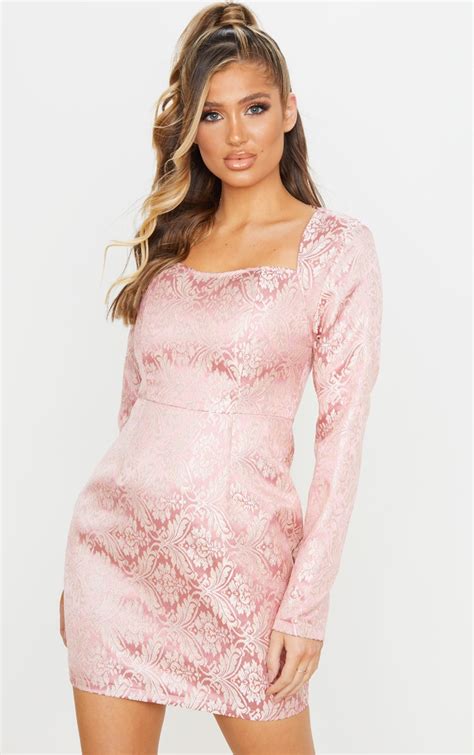 Pink Long Sleeve Jacquard Bodycon Dress Prettylittlething Usa