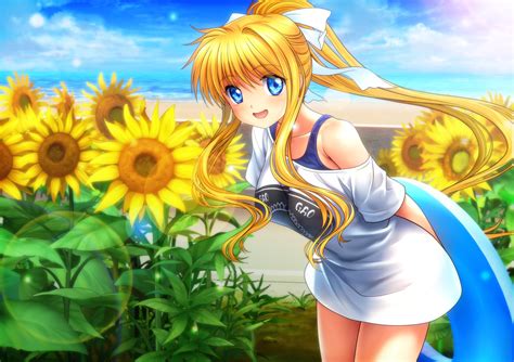 Air Beach Blonde Hair Blue Eyes Bow Clouds Flowers Grass Kamio Misuzu