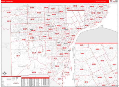 Wayne County Mi Zip Code Wall Map Red Line Style By Marketmaps