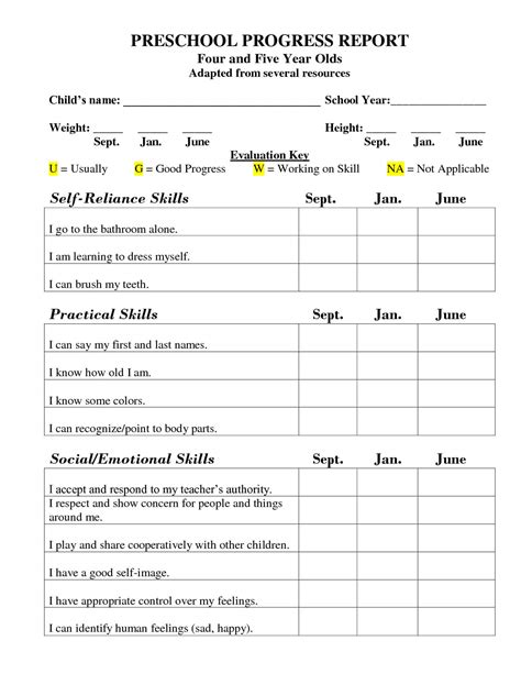 montessori preschool report card template