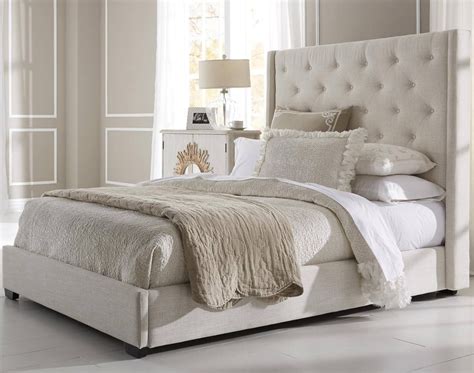 contemporary shelter fabric upholstered bed  cream  pri king headboard footboard frame