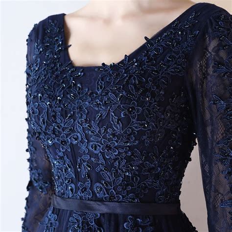 chic beautiful navy blue prom dresses    princess long sleeve  neck appliques lace
