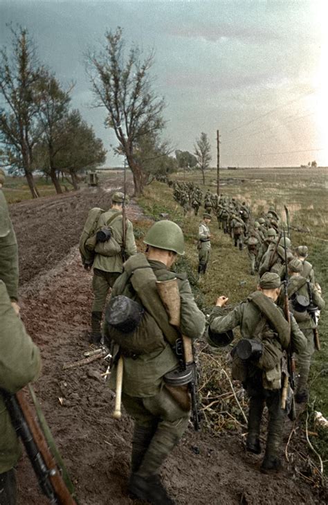 soviet infantry marching   eastern front date unknowncolorizedx ww history