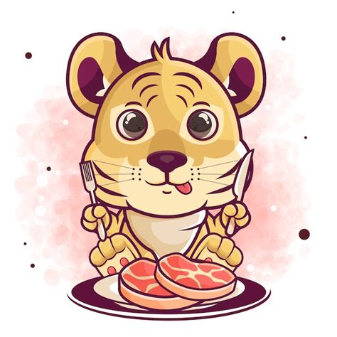 premium vector hand drawn tiger cartoon eat meat illustration