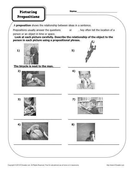 preposition worksheet picturing prepositions