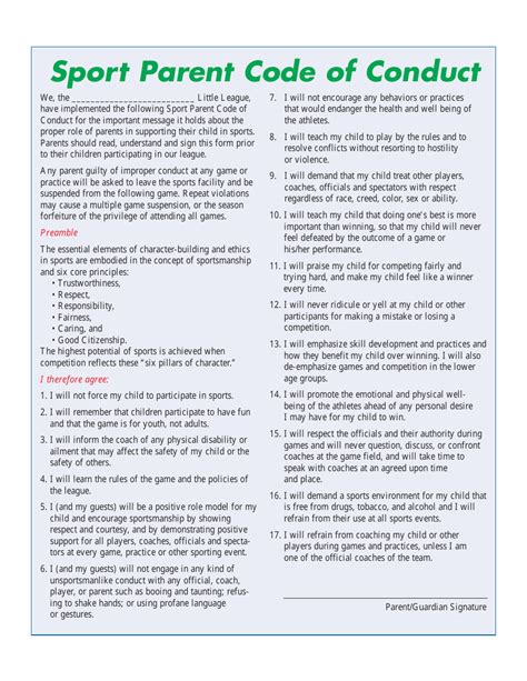 sport parent code  conduct template  printable