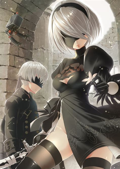 2b and 9s from nier automata illustration cleavage black dress nier