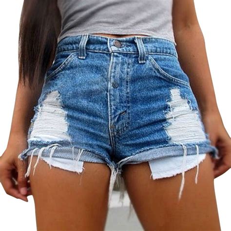 Summer Vintage Women Denim Shorts High Waist Retro Jeans Shorts Ripped