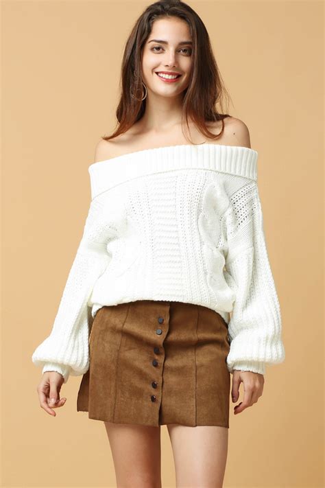 white off shoulder long sleeve cable knit sexy sweater
