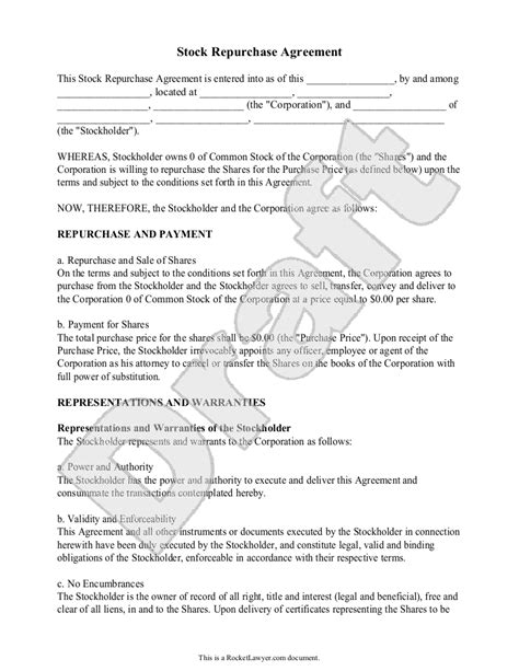 stock repurchase agreement template rocket lawyer