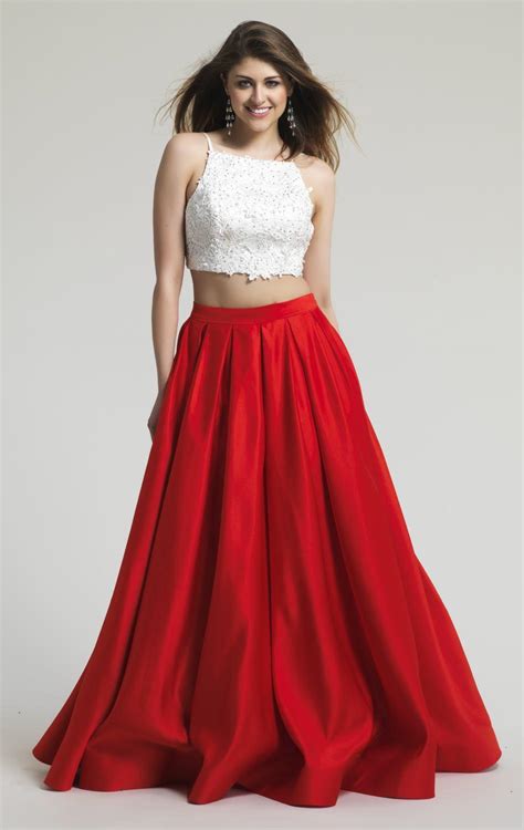 Plus Size Two Pieces Prom Dresses 2016 White Lace Red Satin Beaded