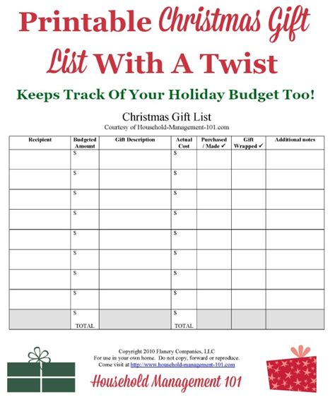 christmas gift list printable     create  christmas budget