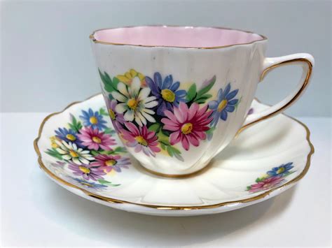 pink daisies   royal tea cup  saucer english bone china cups