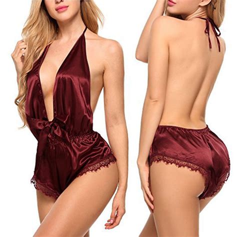 women sexy lace satin lingerie smooth silk  nightwear set