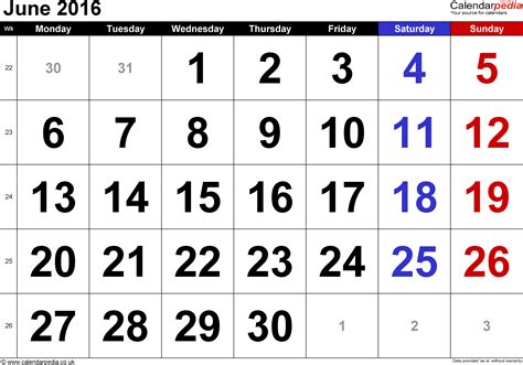 calendar june 2016 uk with excel word and pdf templates