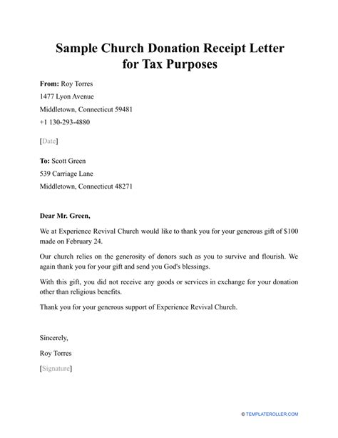sample church donation receipt letter  tax purposes fill  sign