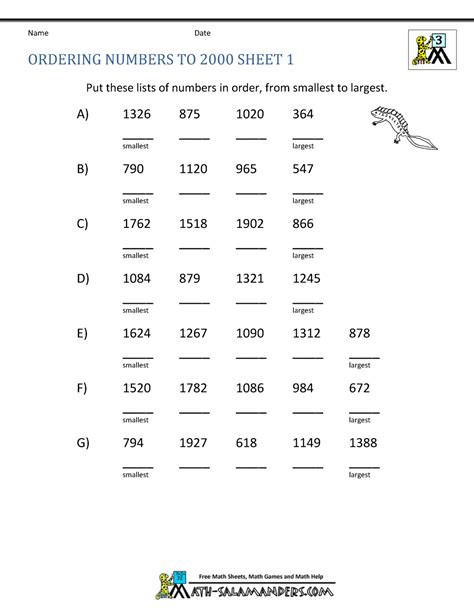 math worksheets  grade ordering numbers